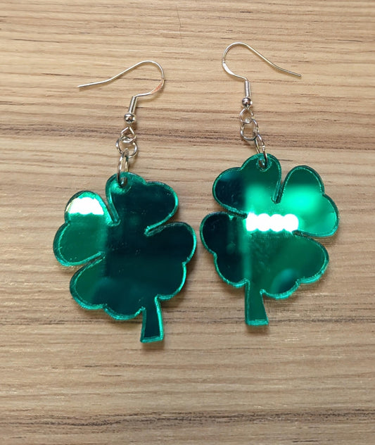 Green Mirror Acrylic Shamrock Earrings – Unique, Handcrafted Statement Jewelry