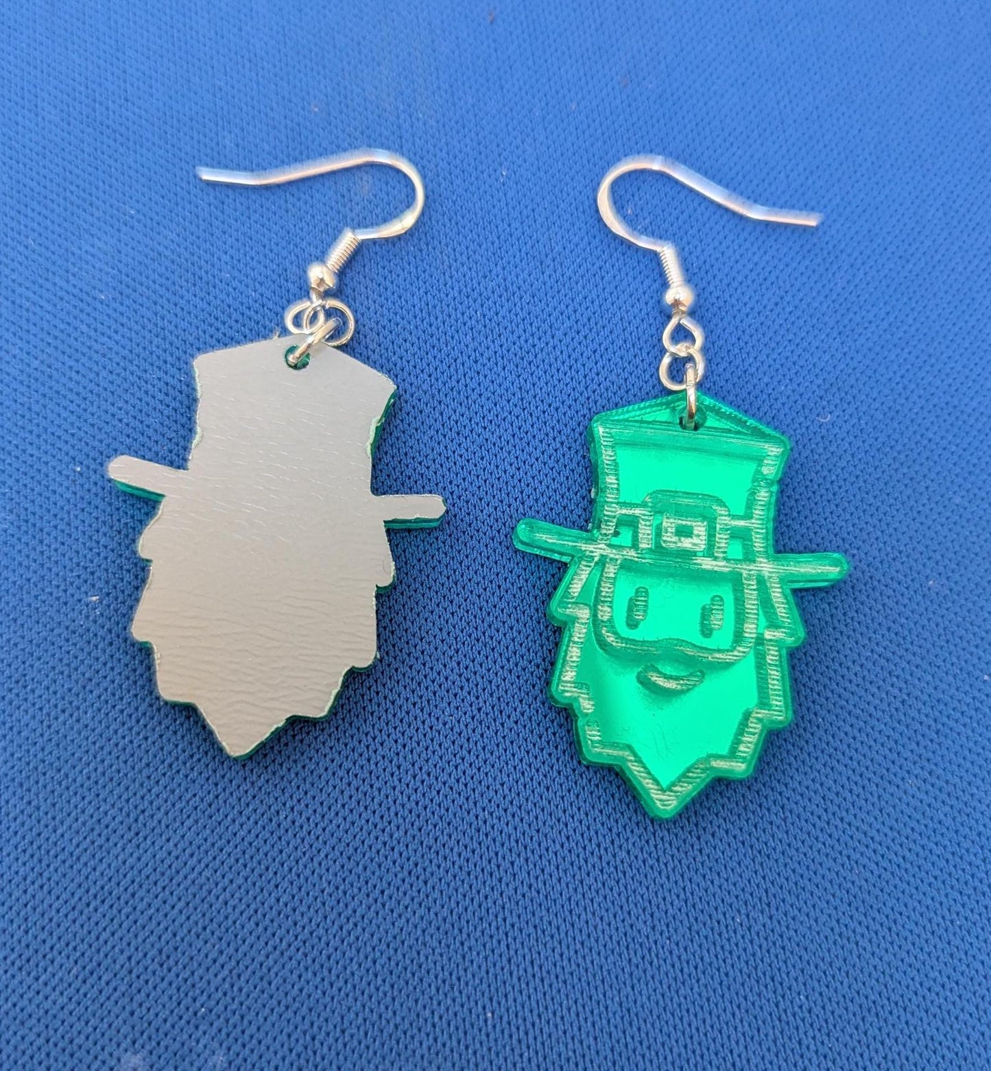 Green Mirror Acrylic Leprechaun Earrings – Unique, Handcrafted Statement Jewelry