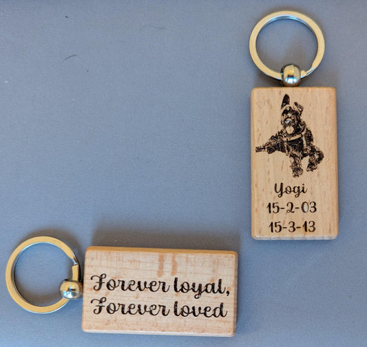 Double-Sided Wooden Pet Keyring – Engraved with Photo, Name & Phrase