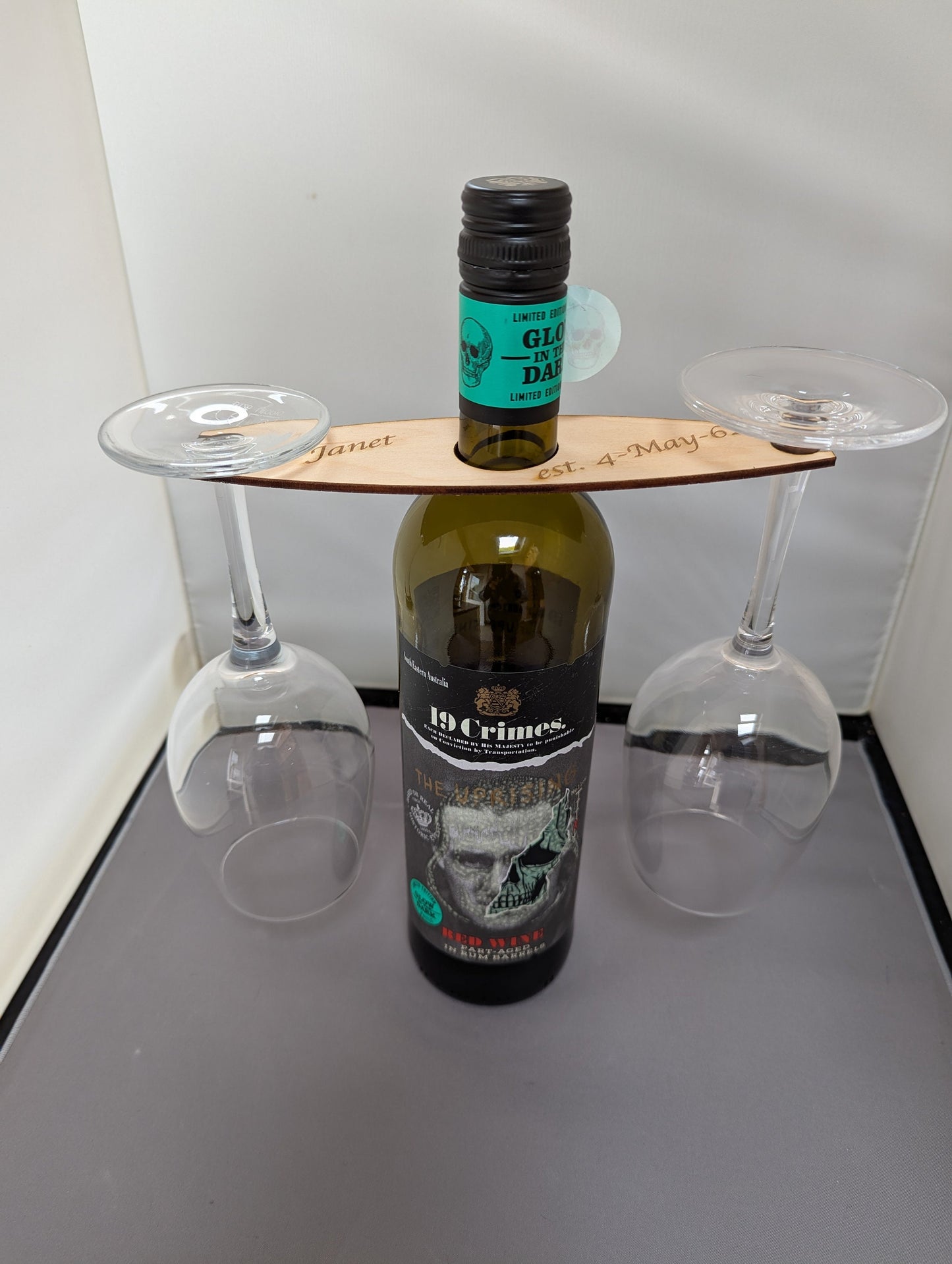 Personalised Handcrafted Wooden Wine Glass Butler | Perfect for Wine Lovers | Holds 2 Glasses and Bottle | Wine Night Essential