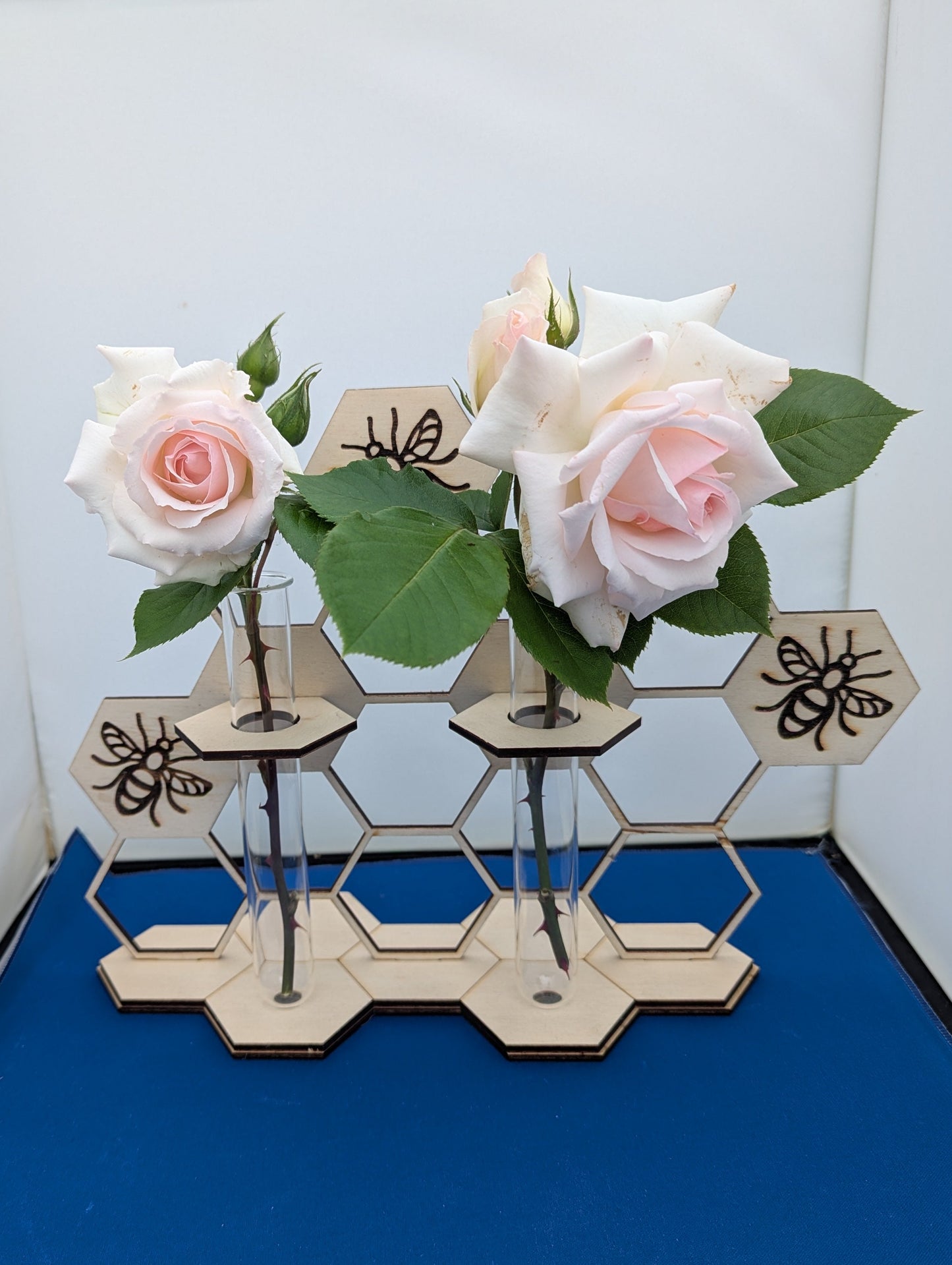 Double Bud Vase with Honeycomb Bee Design | Laser-Cut Wooden Flower Holder | Rustic Floral Display