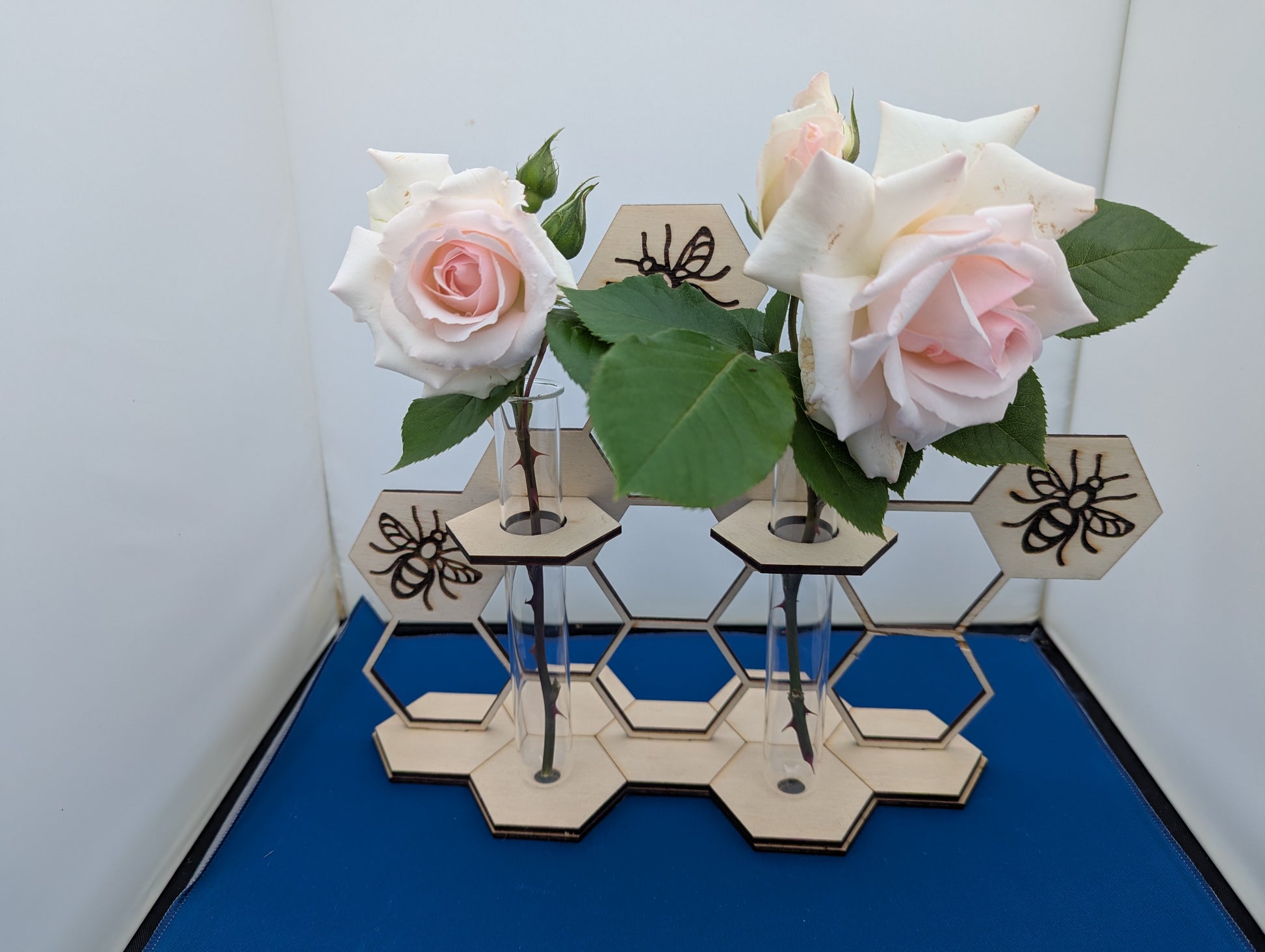 Double bud vase with laser-cut honeycomb and bee design holding pale pink roses in glass test tubes.