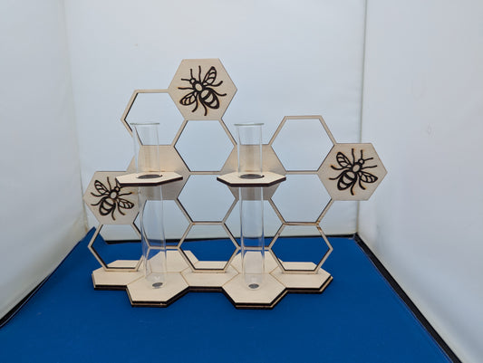 Double Bud Vase with Honeycomb Bee Design | Laser-Cut Wooden Flower Holder | Rustic Floral Display