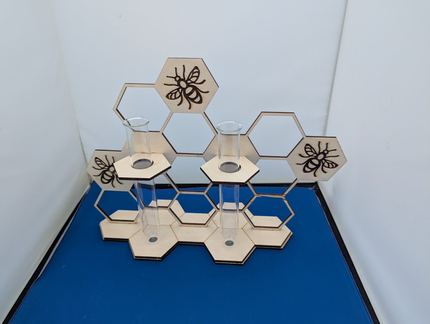 Double Bud Vase with Honeycomb Bee Design | Laser-Cut Wooden Flower Holder | Rustic Floral Display